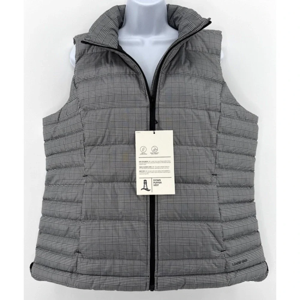 Lands End Vest Women L Down‎ Puffer 600 Fill Water Resistant Black Check Outdoor